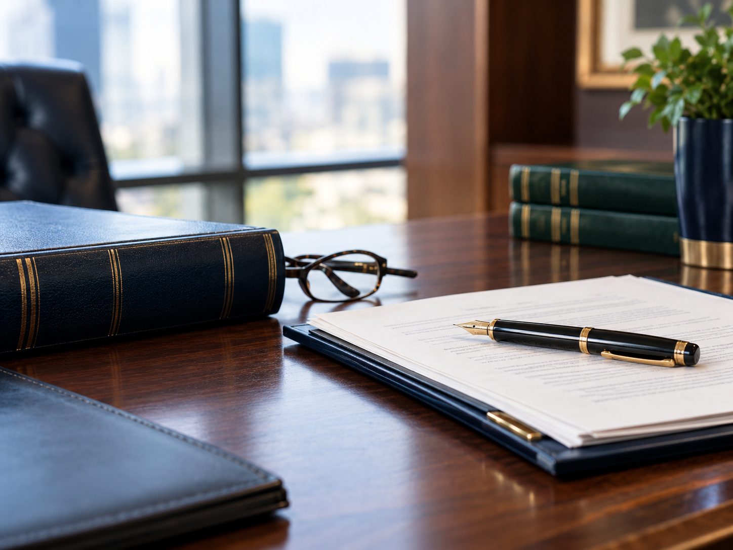 Law books, legal documents, glasses, and a pen on a law office desk