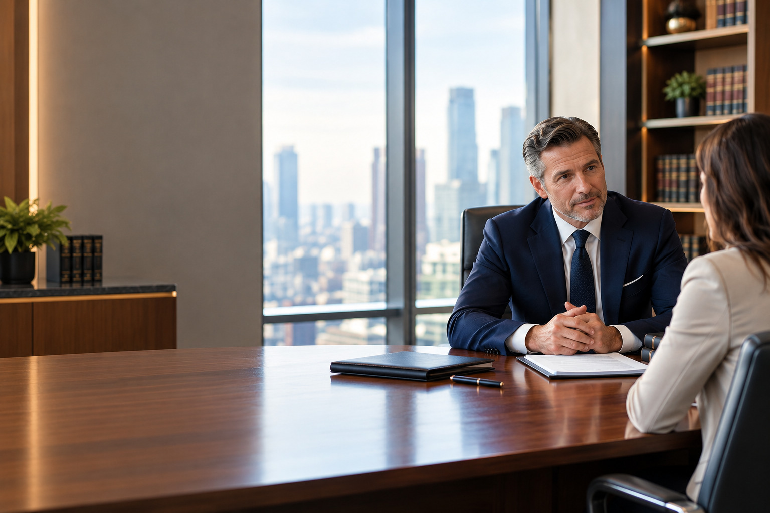 Lawyer speaking with a client across a consultation table