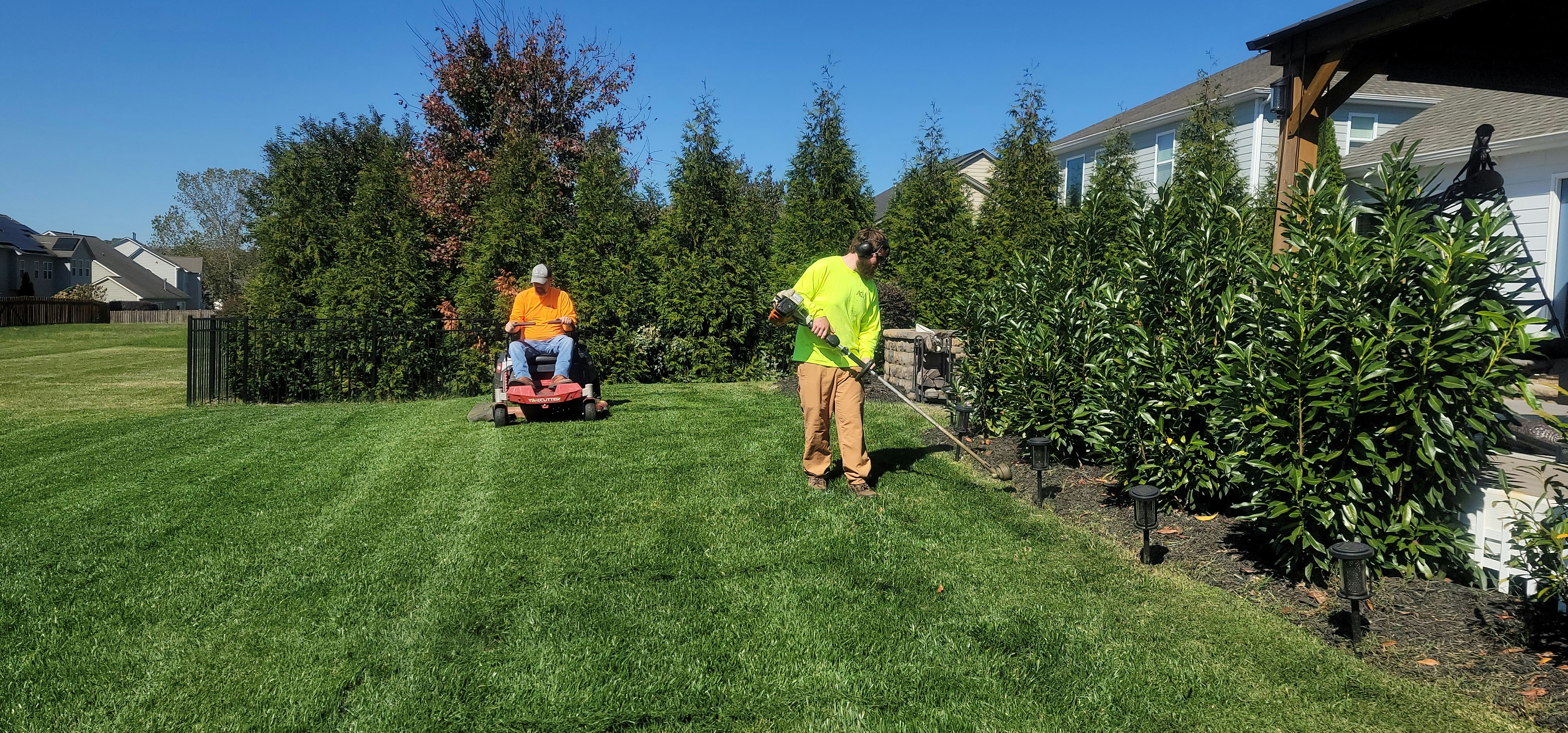 Two gardeners mowing and strimming a large lawn
